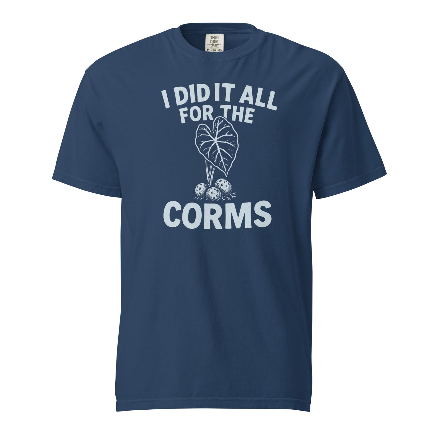Black heavyweight cotton T-shirt from FGMN Originals featuring "I Did It All for the Corms" print, by FGMN Nursery.