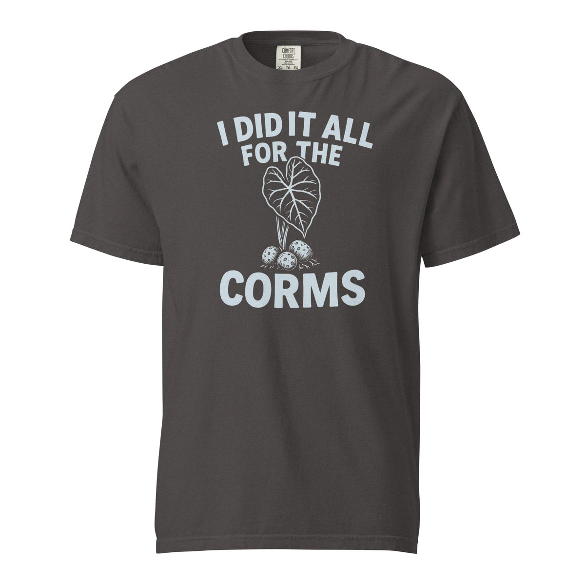 FGMN Originals black heavyweight cotton T-shirt with "I Did It All for the Corms" text, casual fit, FGMN Nursery branding.