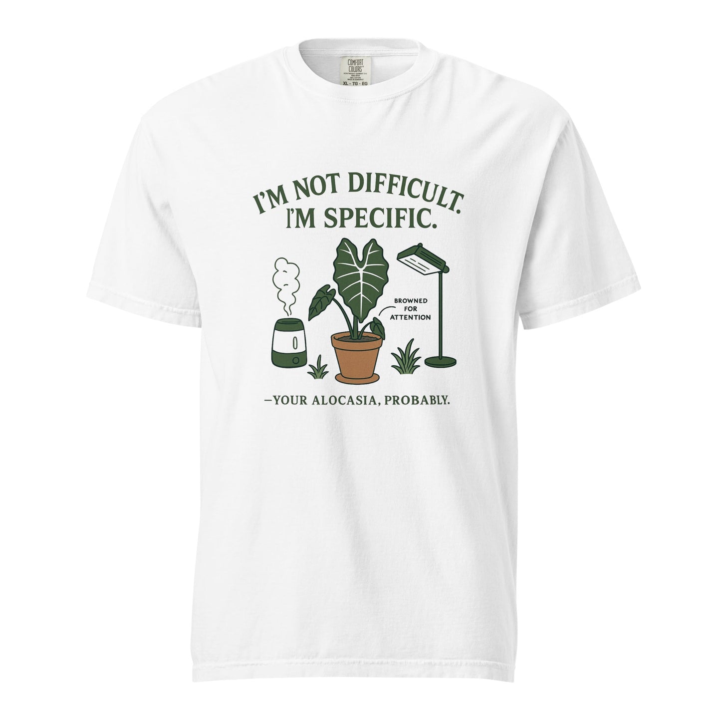 FGMN Originals heavyweight T-shirt with "I'm Not Dramatic. I'm Specific." slogan, in granite color, by FGMN Nursery.