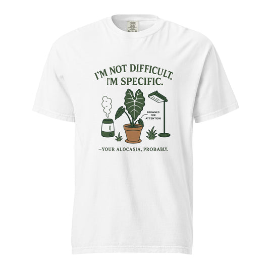 FGMN Originals heavyweight T-shirt with "I'm Not Dramatic. I'm Specific." slogan, in granite color, by FGMN Nursery.