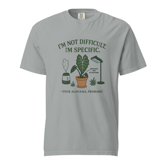 FGMN Originals heavyweight T-shirt featuring "I'm Not Dramatic. I'm Specific." print in granite color.