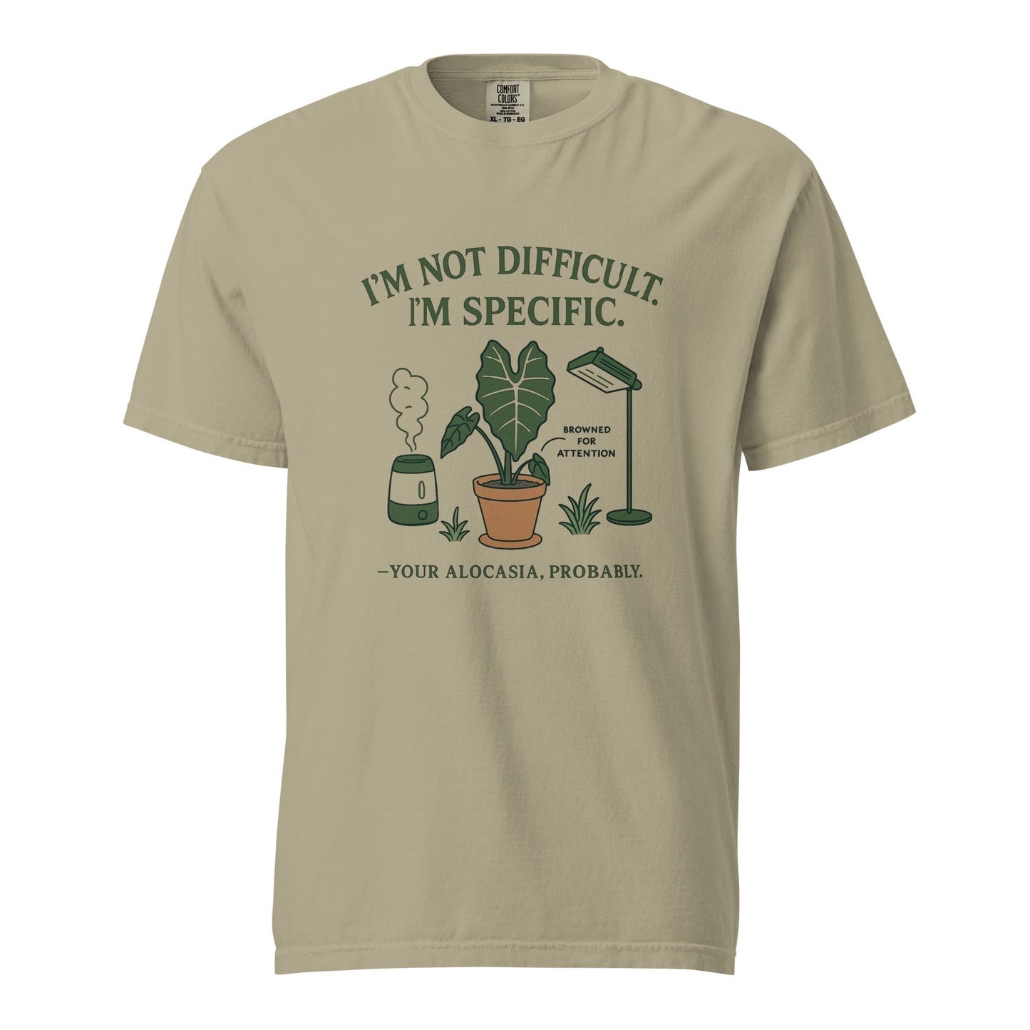 FGMN Originals heavyweight granite T-shirt with "I'm Not Dramatic. I'm Specific." text, casual fit, designed by FGMN Nursery.
