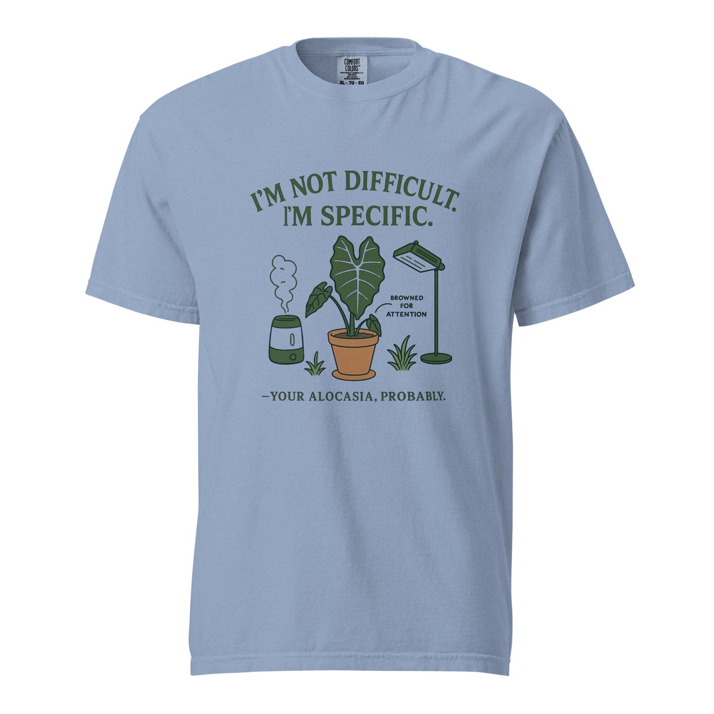FGMN Originals heavyweight T-shirt with "I'm Not Dramatic. I'm Specific." slogan in granite color, made by FGMN Nursery.