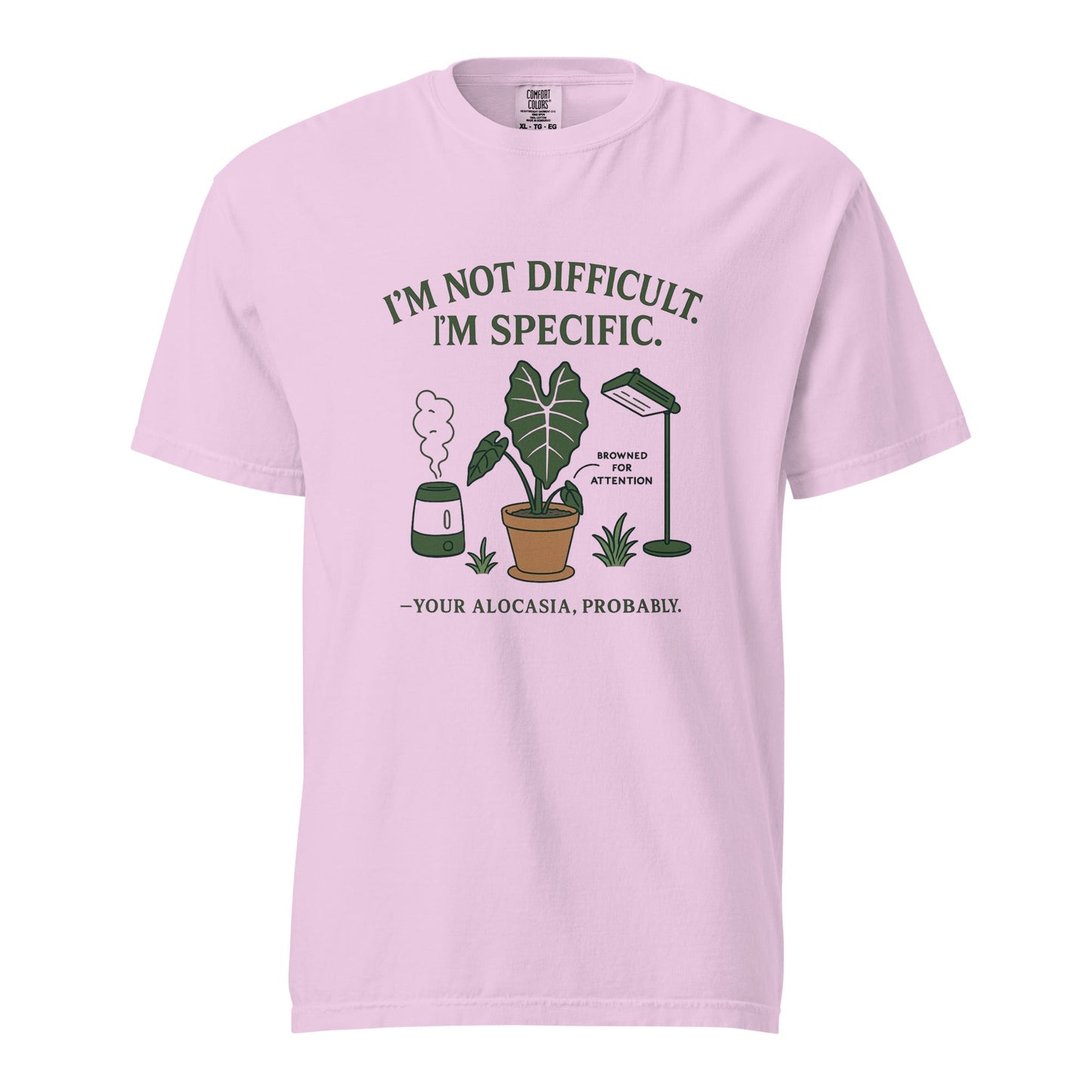 FGMN Originals heavyweight tee with "I'm Not Dramatic. I'm Specific." text in granite color, casual unisex T-shirt from FGMN Nursery.