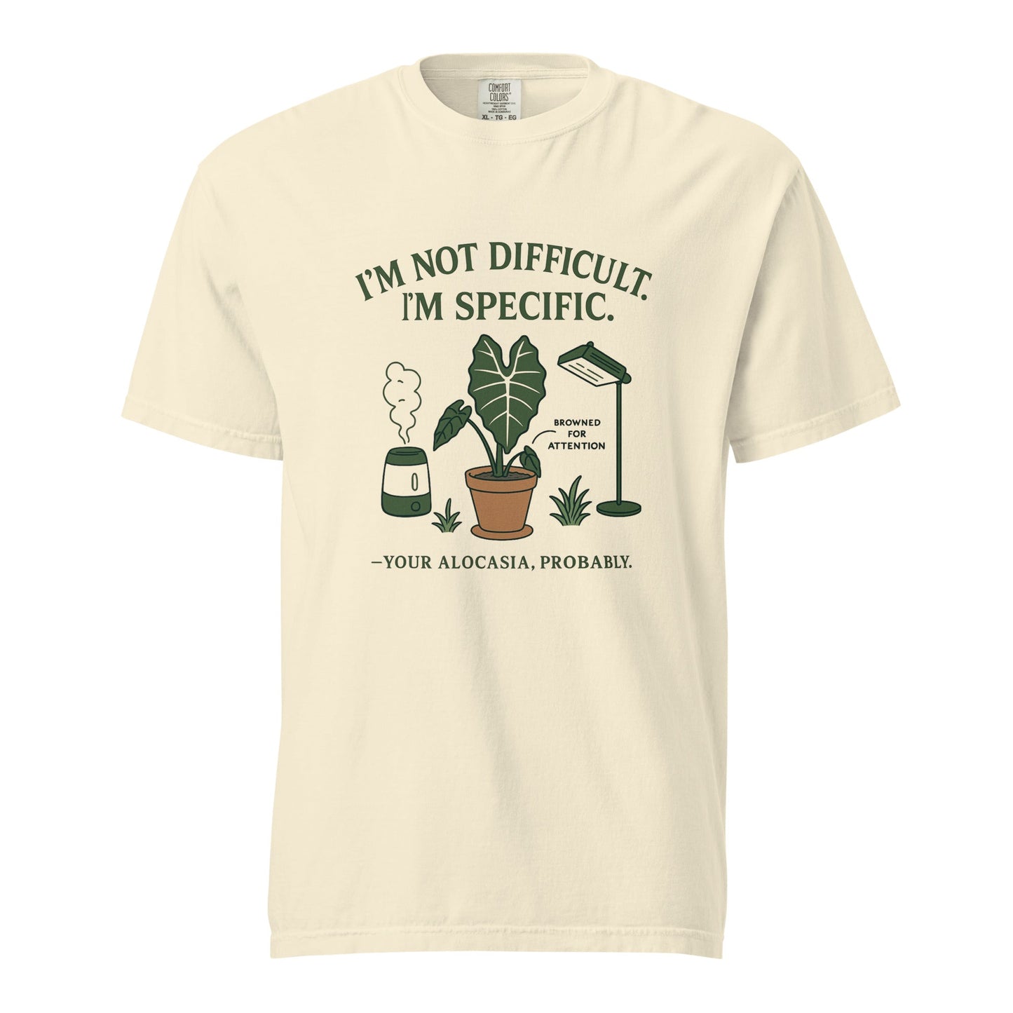 FGMN Originals heavyweight T-shirt with "I'm Not Dramatic. I'm Specific." slogan in granite color, casual cotton tee.
