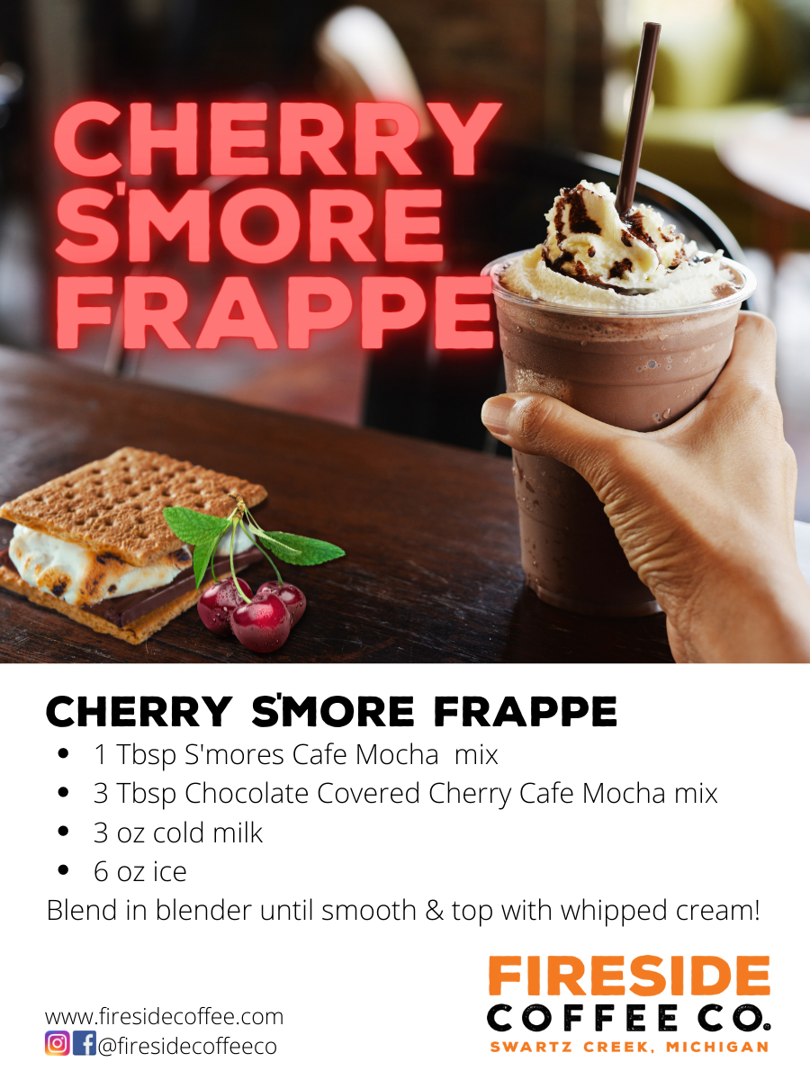 Fireside Coffee Co. S'mores Cafe Mocha in a mug with whipped cream and chocolate drizzle, showcasing a rich, creamy coffee beverage.