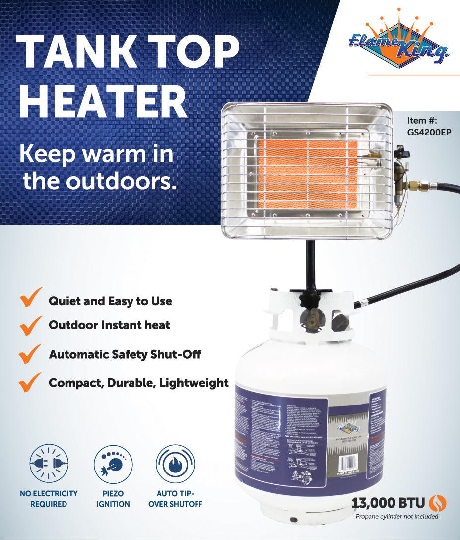 Flame King 13,000 BTU outdoor portable propane tank top heater with igniter, ideal for camping and outdoor heating.