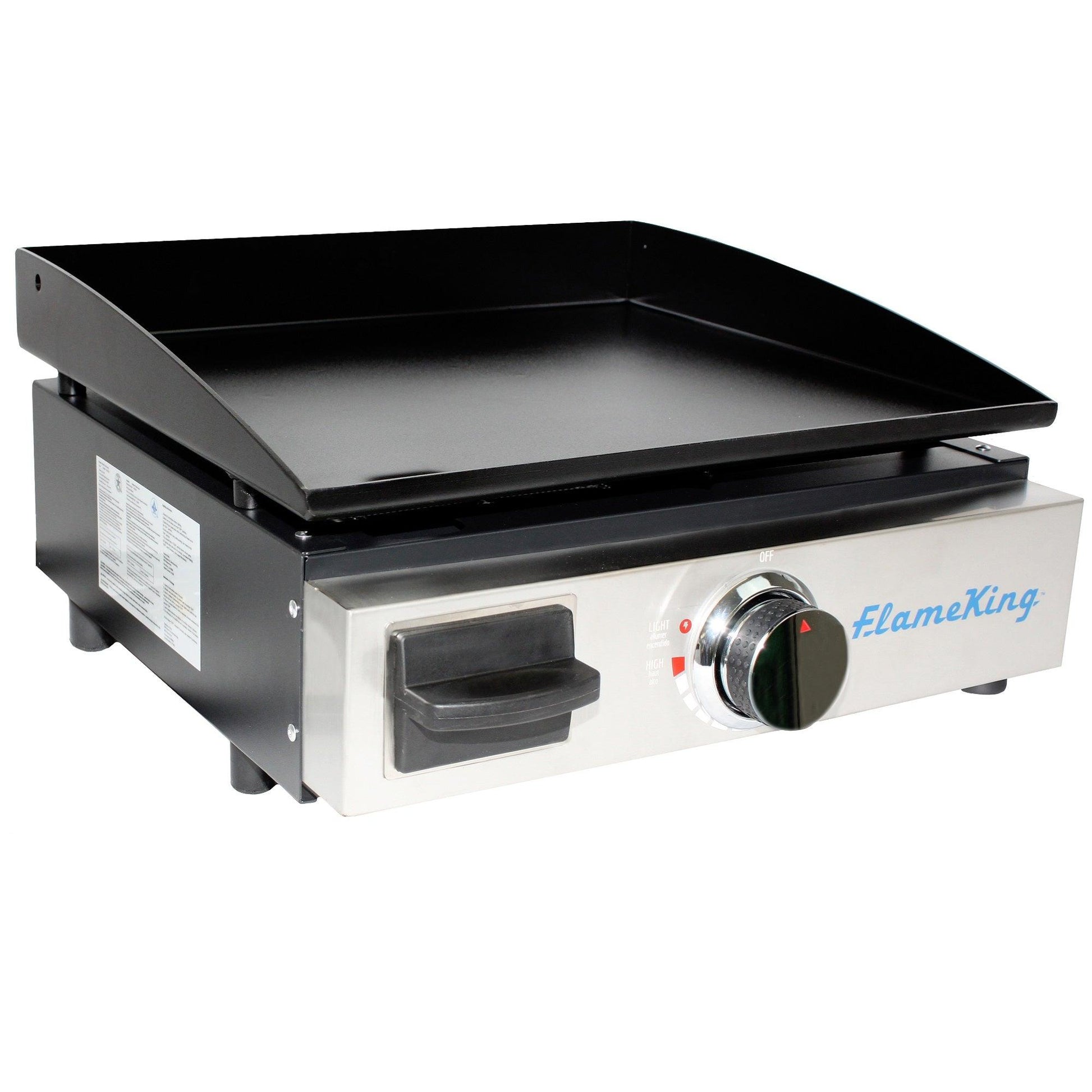 Flame King 17-inch LP griddle with small regulator for RV and trailer pullout, outdoor camping cooking appliance.