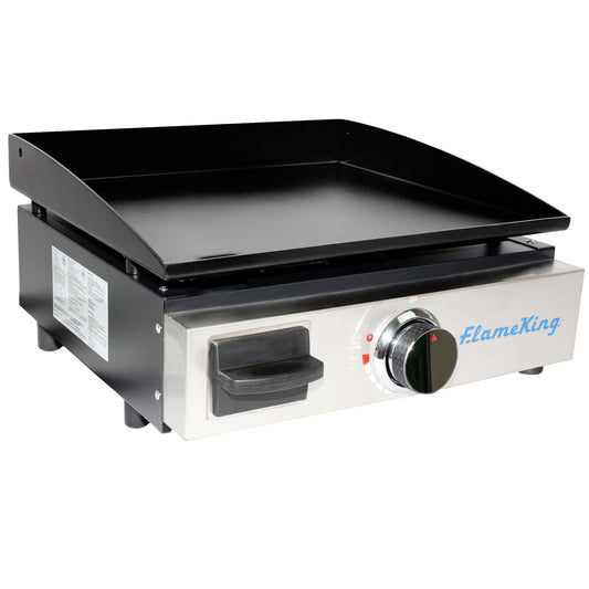 Flame King 17-inch LP griddle with small regulator for RV and trailer pullout, outdoor camping cooking appliance.