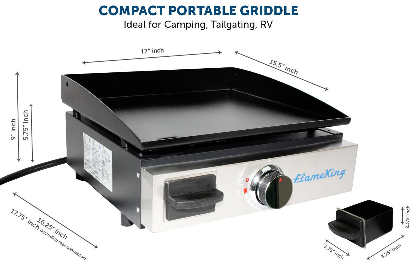 Flame King 17-inch LP griddle with small regulator for RV and trailer pullout, outdoor cooking appliance for camping and travel.