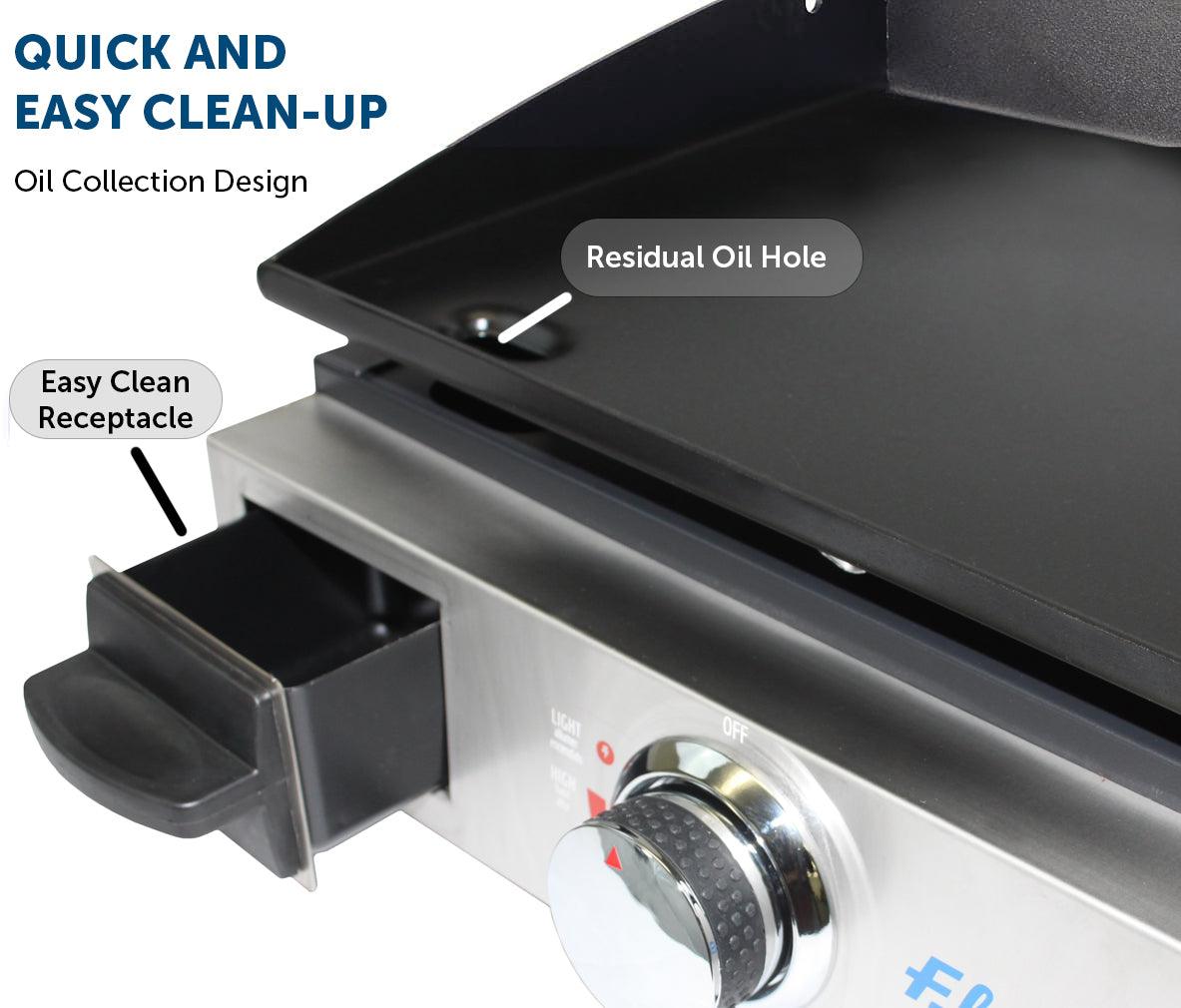 Flame King 17-inch LP griddle with small regulator, designed for RV and trailer outdoor cooking, shown with pullout feature.