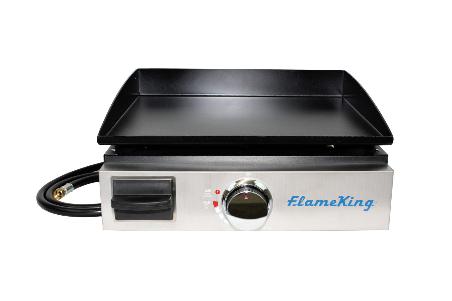 Flame King 17-inch LP griddle with small regulator for RV pullout, ideal for outdoor cooking on RV and trailer trips.