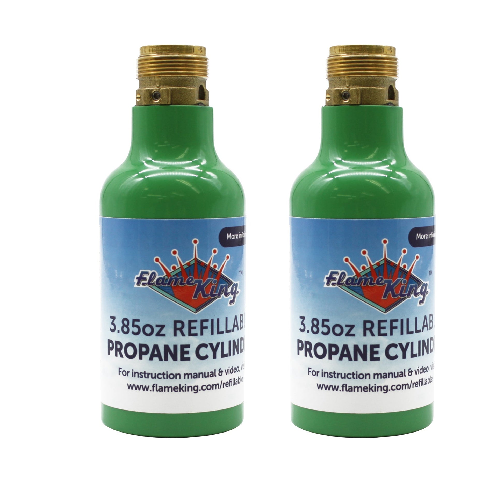 Flame King 2-pack eco-friendly 1/4 lb refillable mini propane tanks for portable cooking and camping.