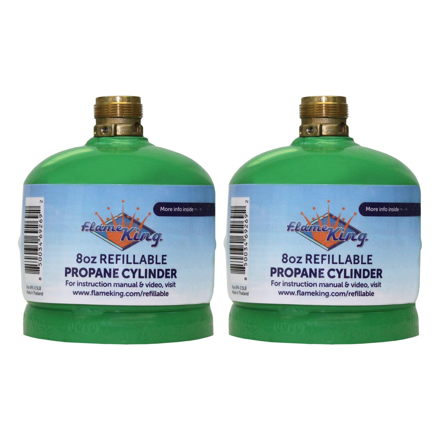 Two Flame King 1lb refillable propane tanks, eco-friendly and sustainable, with black and silver metal cylinders.