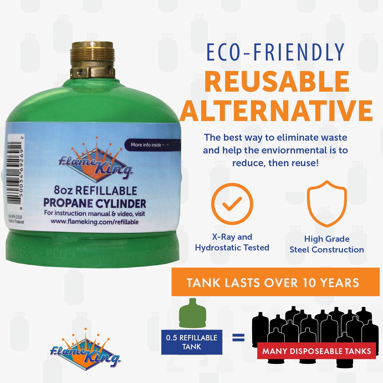 Two Flame King 1lb refillable propane tanks, eco-friendly and sustainable, with black and silver design and safety valves.