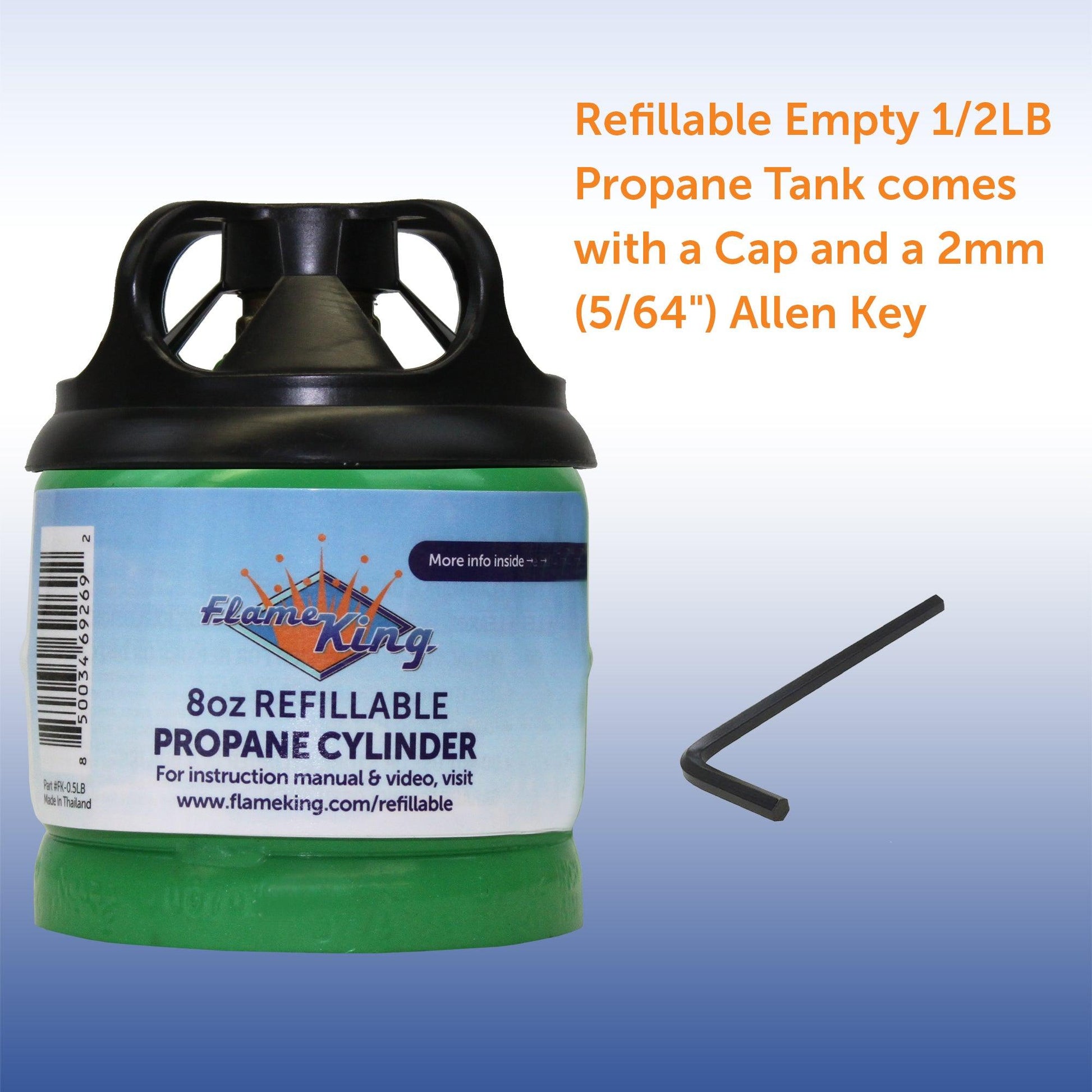 Two Flame King 1lb refillable propane tanks, eco-friendly and sustainable, with black and silver metal cylinders for outdoor use.