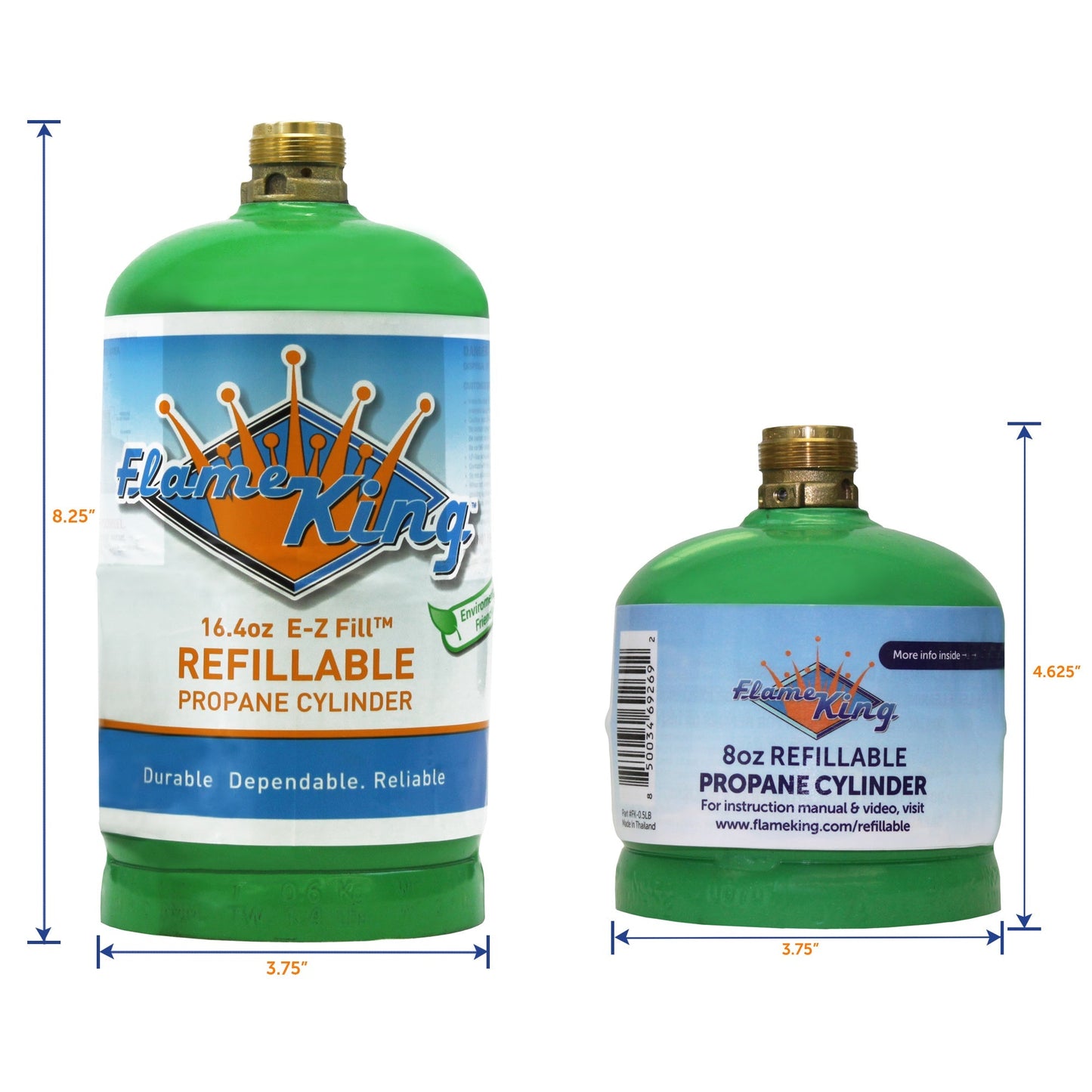 Two Flame King 1lb refillable propane tanks, eco-friendly and sustainable, shown with black and silver design and safety valves.