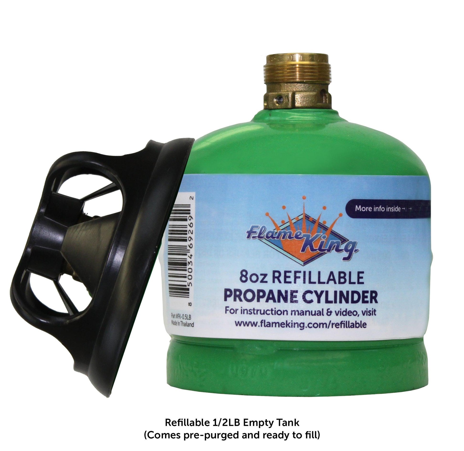 Two Flame King 1lb refillable propane tanks, eco-friendly and sustainable, with a black and silver design.