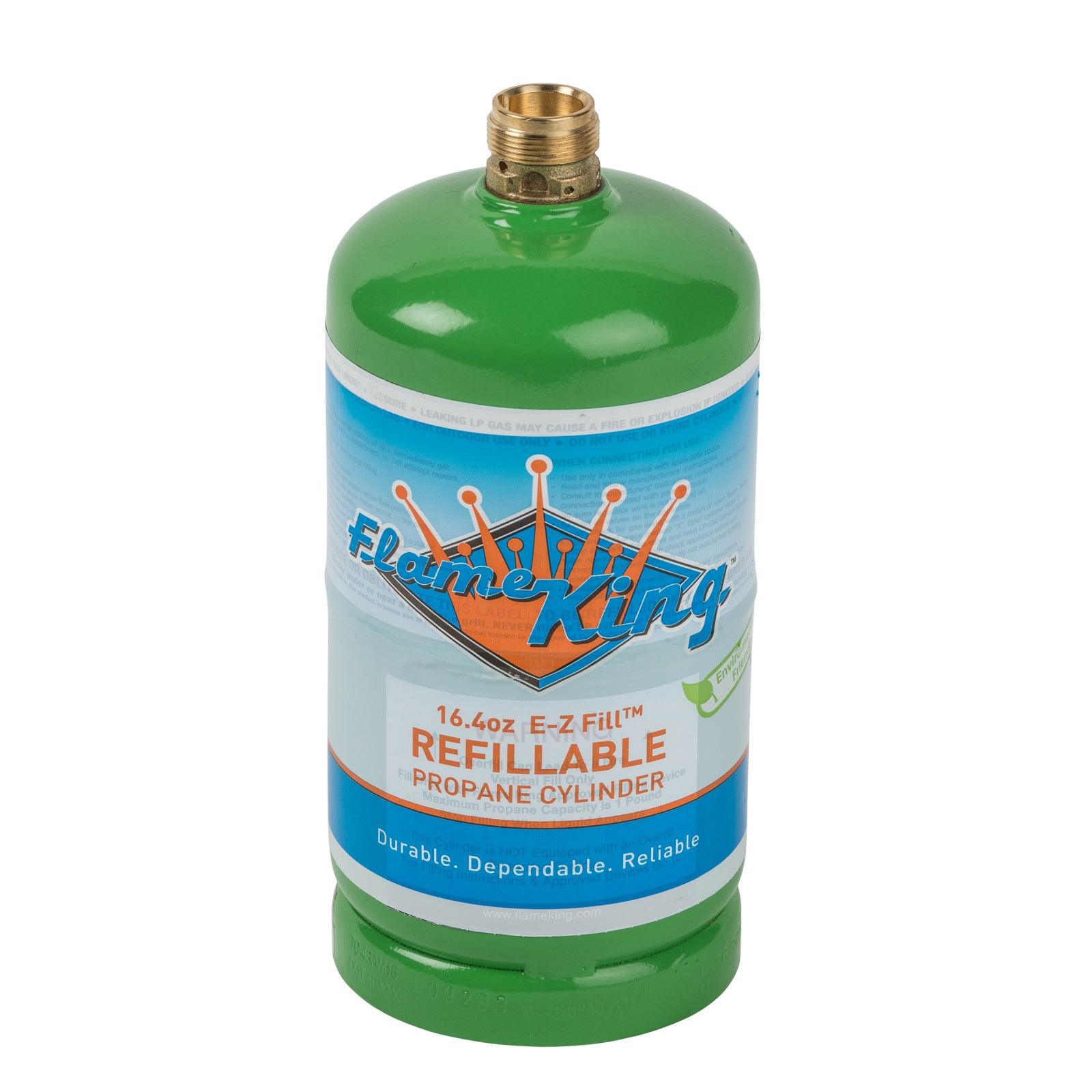 Flame King 1lb refillable propane tank, eco-friendly and sustainable LP cylinder, empty and ready for refill.