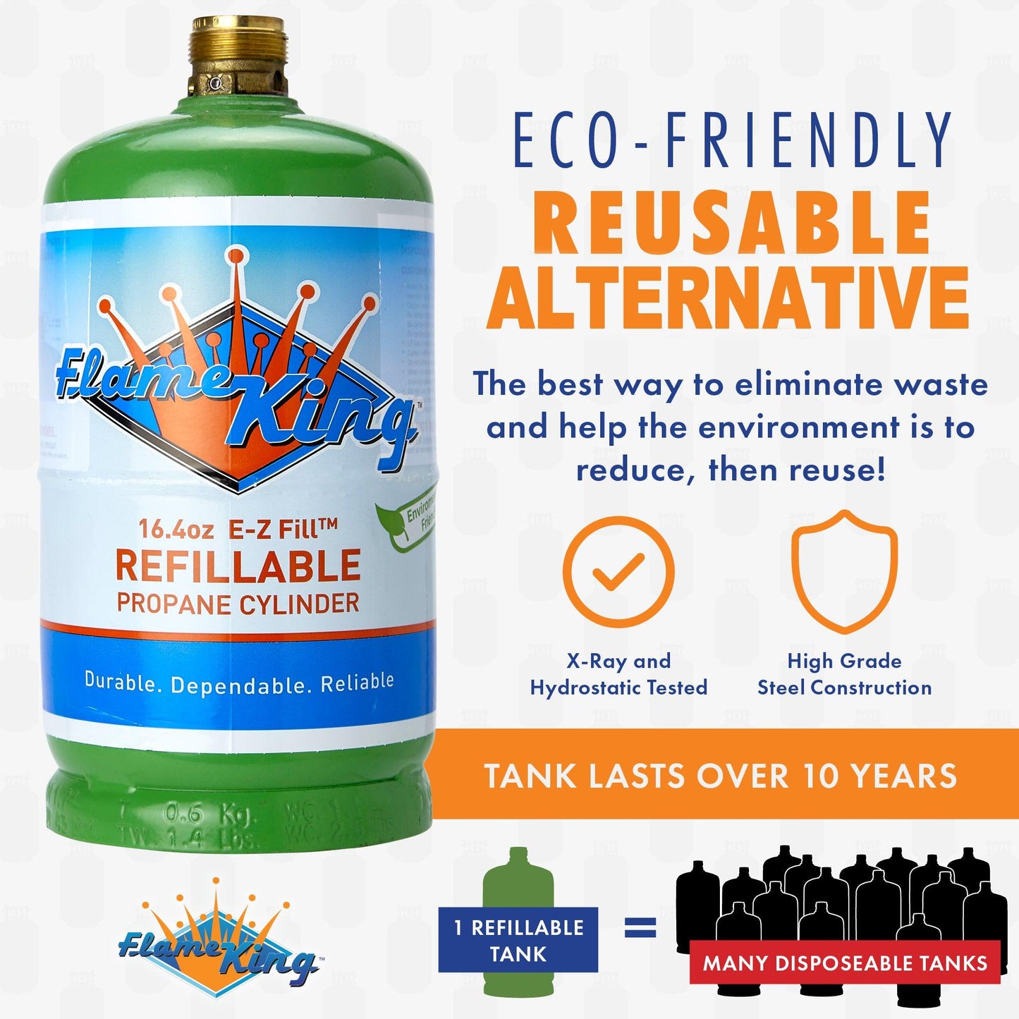 Flame King Eco Friendly 1lb Refillable Propane Tank LP Cylinder, empty and sustainable, for outdoor and camping use.