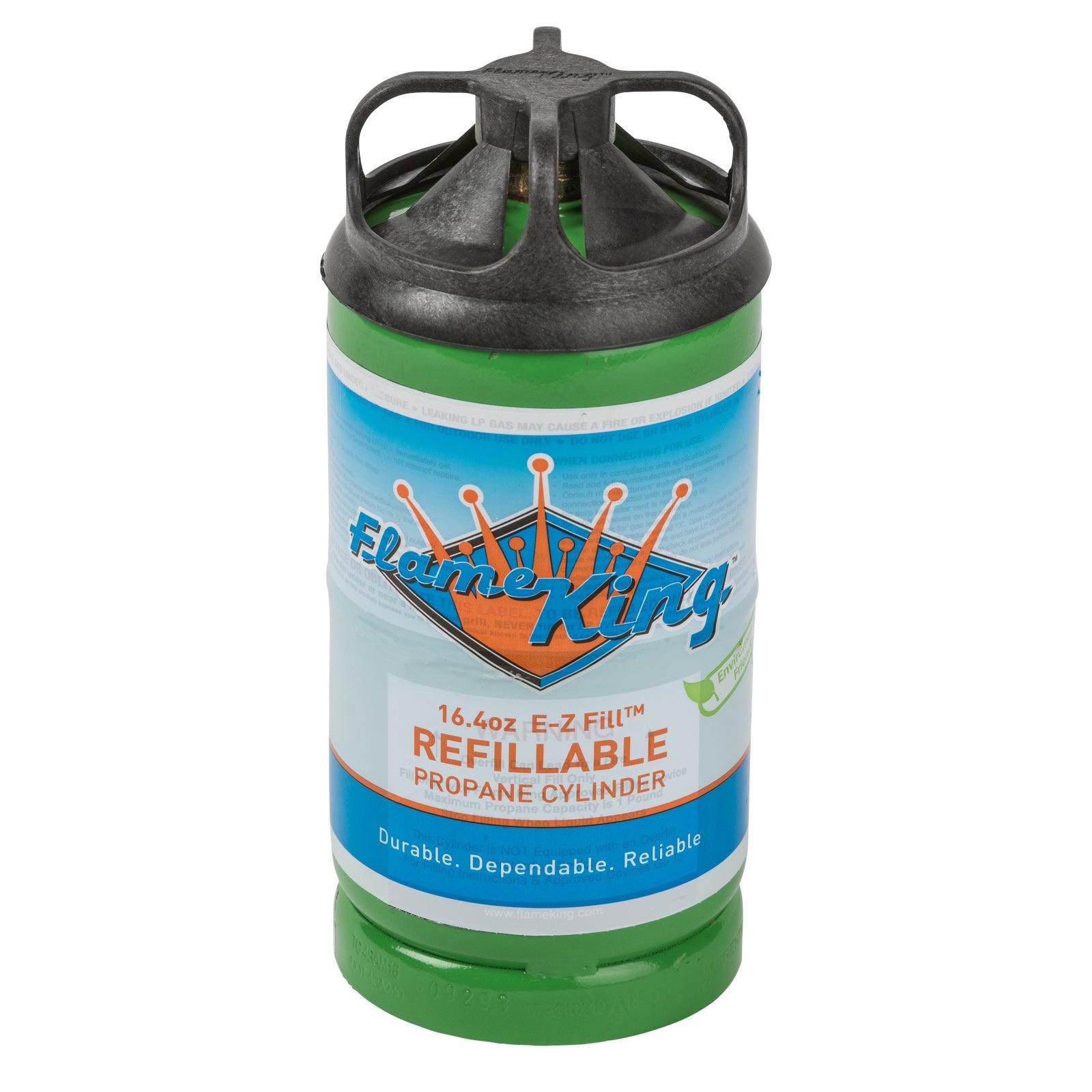 Flame King Eco-Friendly 1lb refillable propane tank, lightweight and sustainable LP cylinder for outdoor cooking or camping.