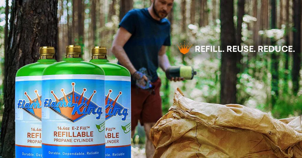 Flame King 1lb refillable propane tank, eco-friendly and sustainable LP cylinder, empty and ready for refilling.