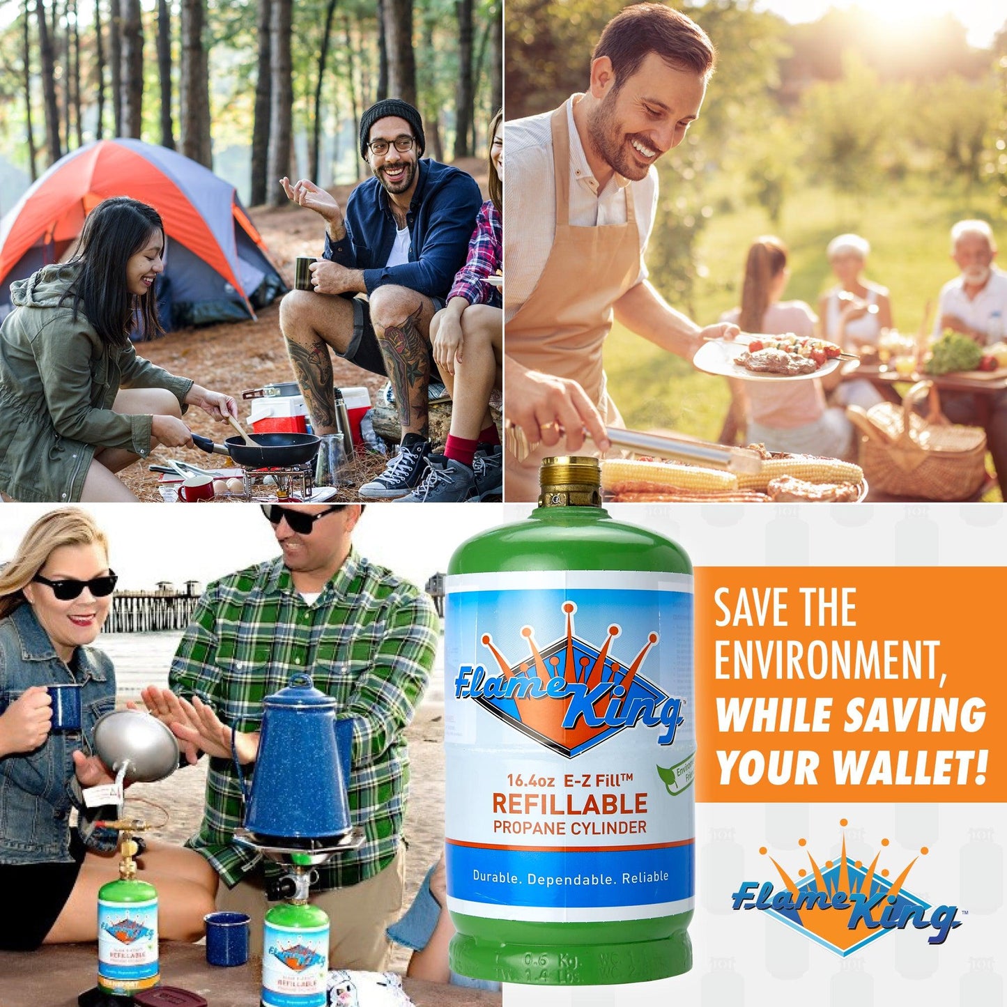 Flame King 1lb eco-friendly refillable propane tank, empty LP cylinder for outdoor grilling and camping equipment.