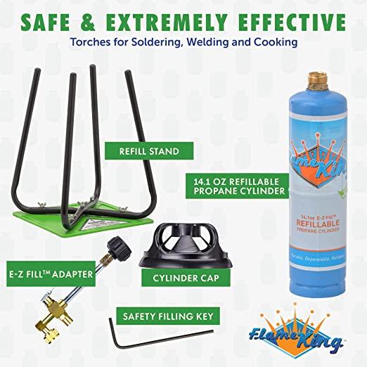 Flame King 1lb refillable propane cylinder and kit, eco-friendly and sustainable, with 14.1 oz capacity and safety valves.