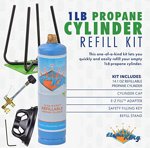 Flame King 1lb refillable propane cylinder with kit, eco-friendly and sustainable, shown with 14.1 oz refill canister