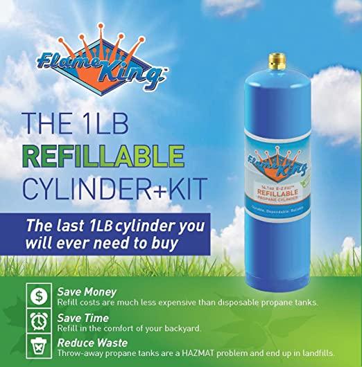 Flame King 1lb refillable propane cylinder and kit, eco-friendly and sustainable, with 14.1 oz propane container.