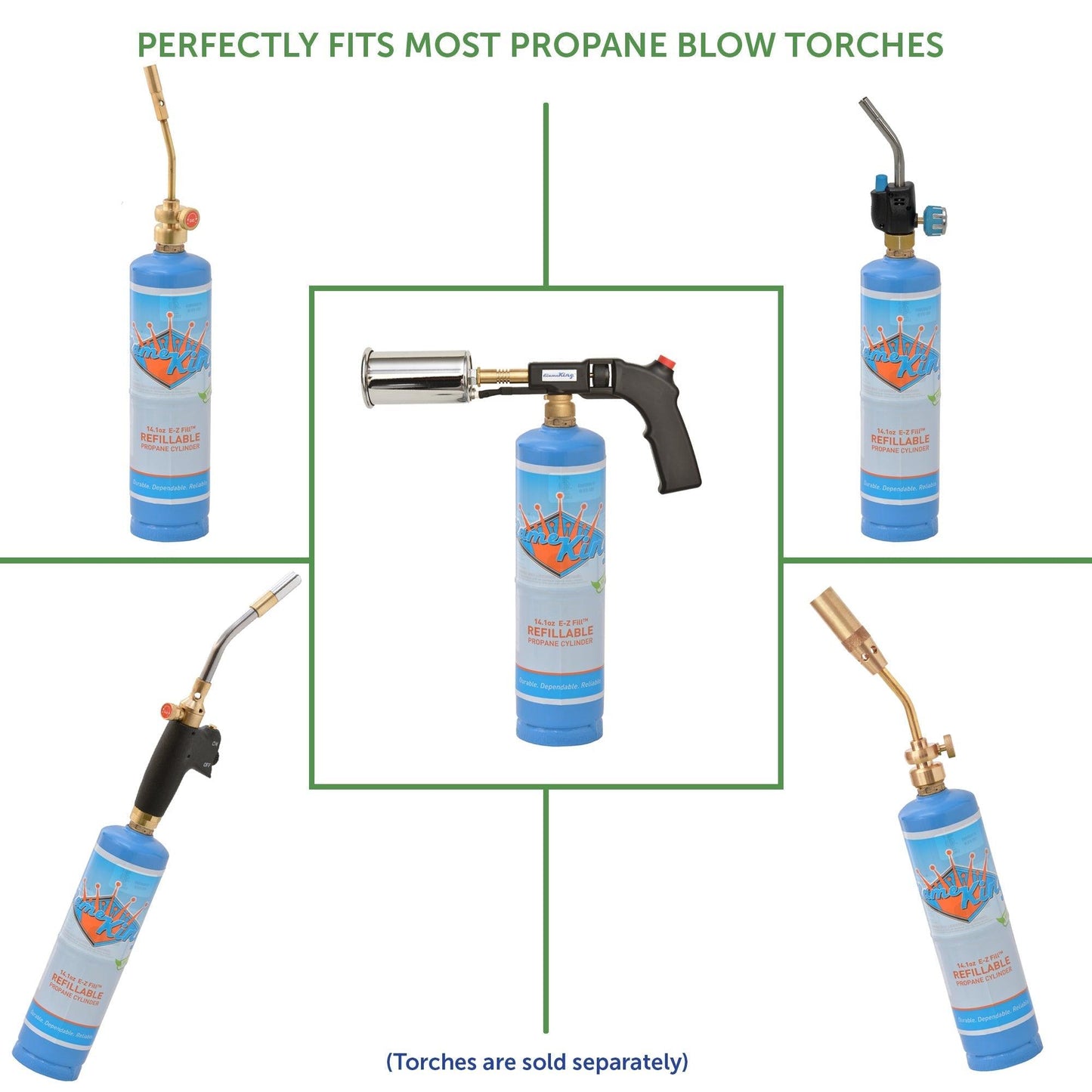 Flame King 1lb refillable propane tank for welding, eco-friendly and sustainable LP cylinder with safety valve and durable design.