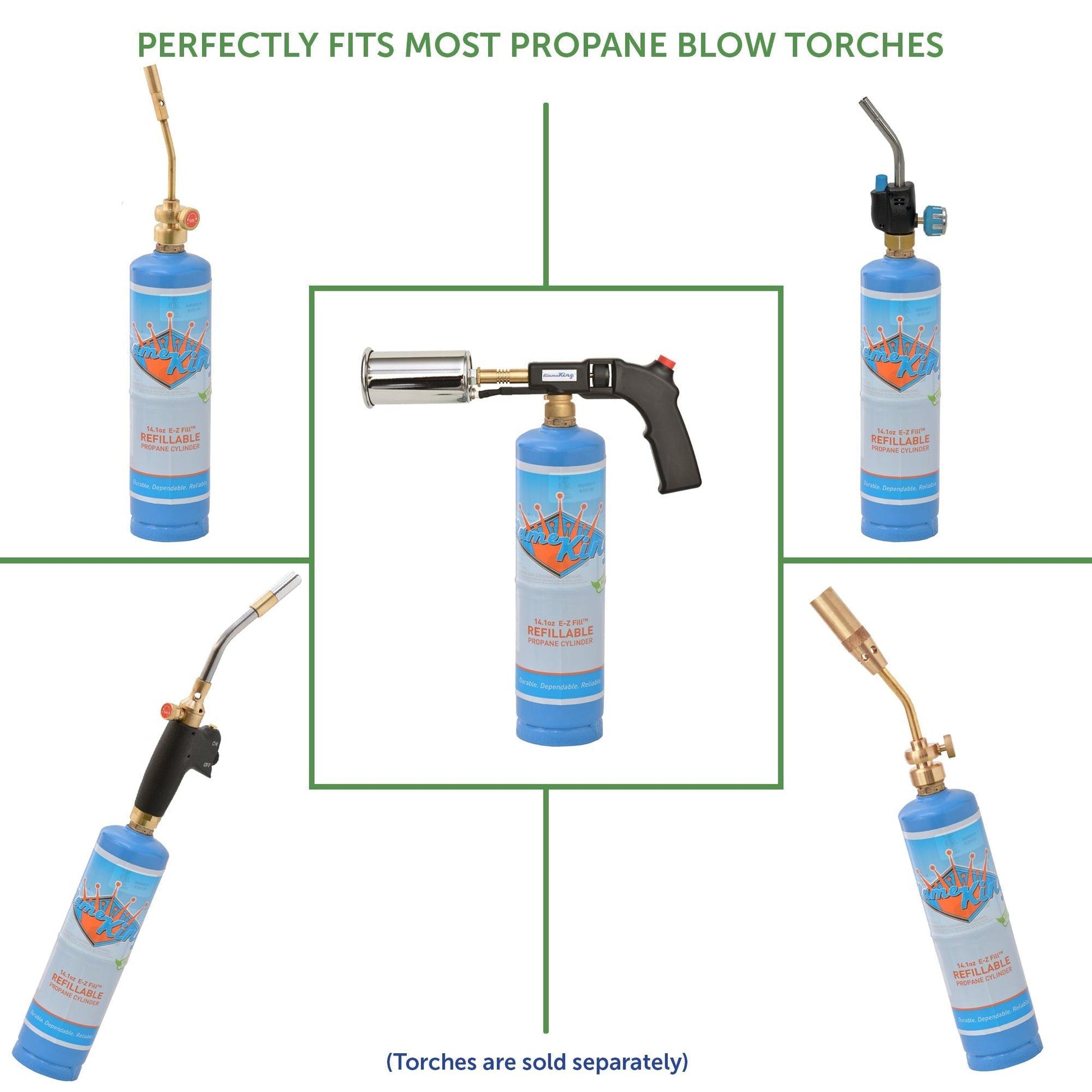 Flame King 1lb refillable propane tank for welding, eco-friendly and sustainable LP cylinder with safety valve and durable design.
