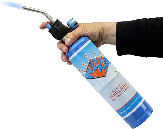 Flame King 1lb refillable propane tank for welding, eco-friendly and sustainable LP cylinder with a durable metal construction.
