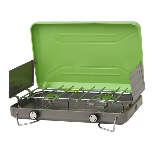 Flame King 2 Burner Portable Propane Gas Camping Stove Grill with black metal body and control knobs for outdoor cooking.