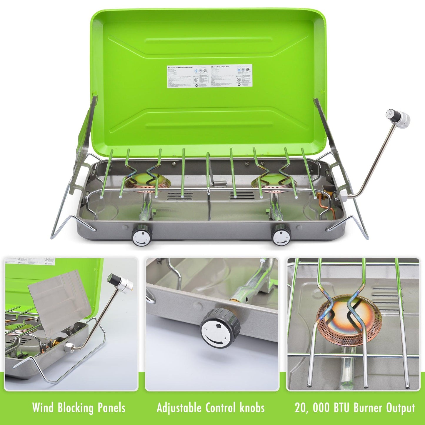 Flame King 2 Burner Portable Propane Gas Camping Stove and Grill with sturdy metal construction and control knobs for outdoor cooking.