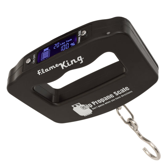 Flame King electronic gauge scale for propane tanks with digital indicator, used as a propane accessory for accurate fuel level readings.