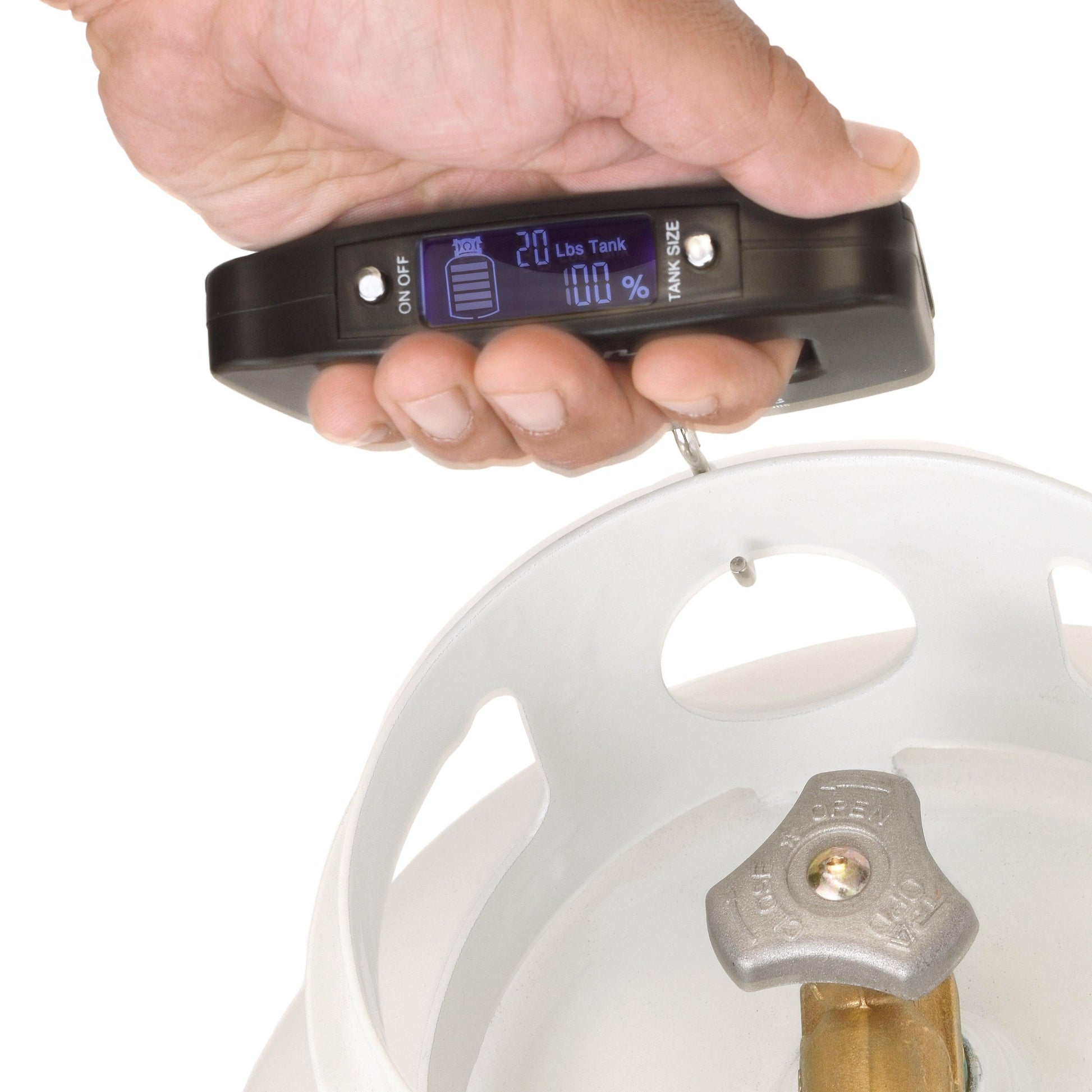 Flame King electronic gauge scale for propane tanks with digital indicator, used as a propane accessory for accurate measurement.