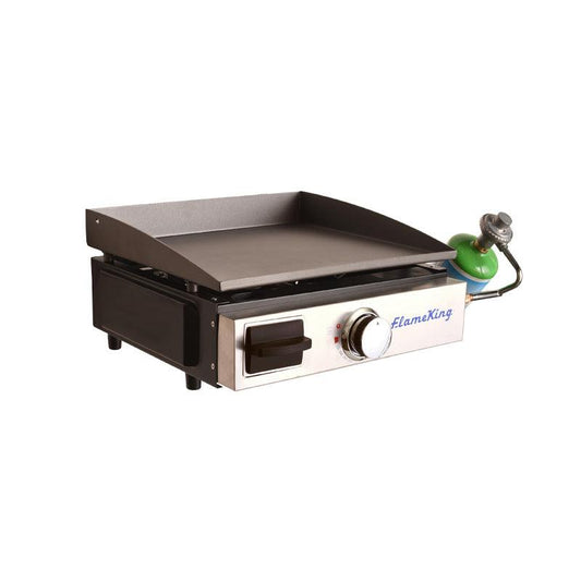 Flame King flat top portable propane cast iron grill griddle for camping, showing the sturdy black cooking surface and handles