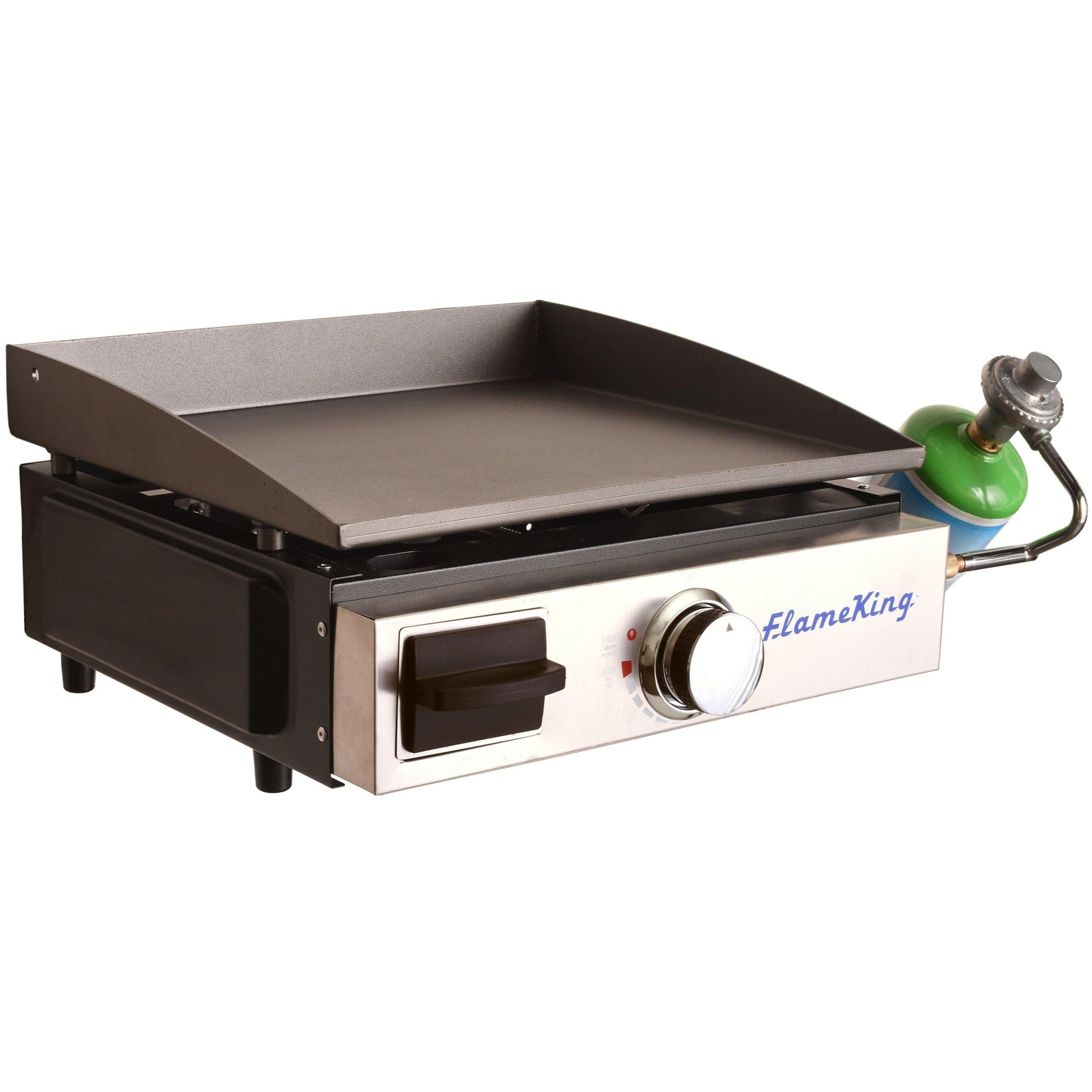 Portable Flame King cast iron grill griddle for camping, featuring a flat top surface perfect for outdoor cooking.