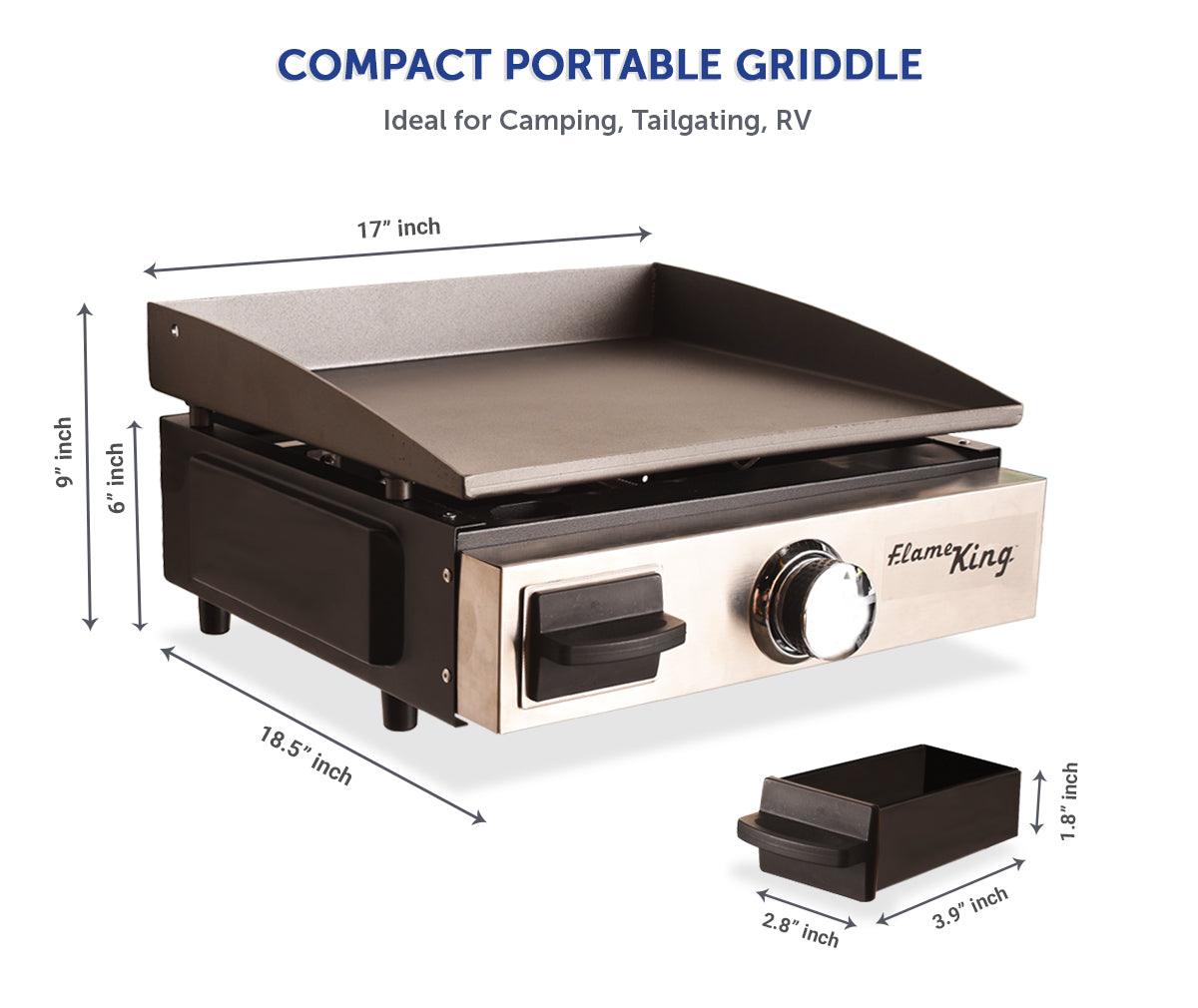 Flame King flat top portable propane cast iron grill griddle for camping, with cooking surface and control knobs visible.
