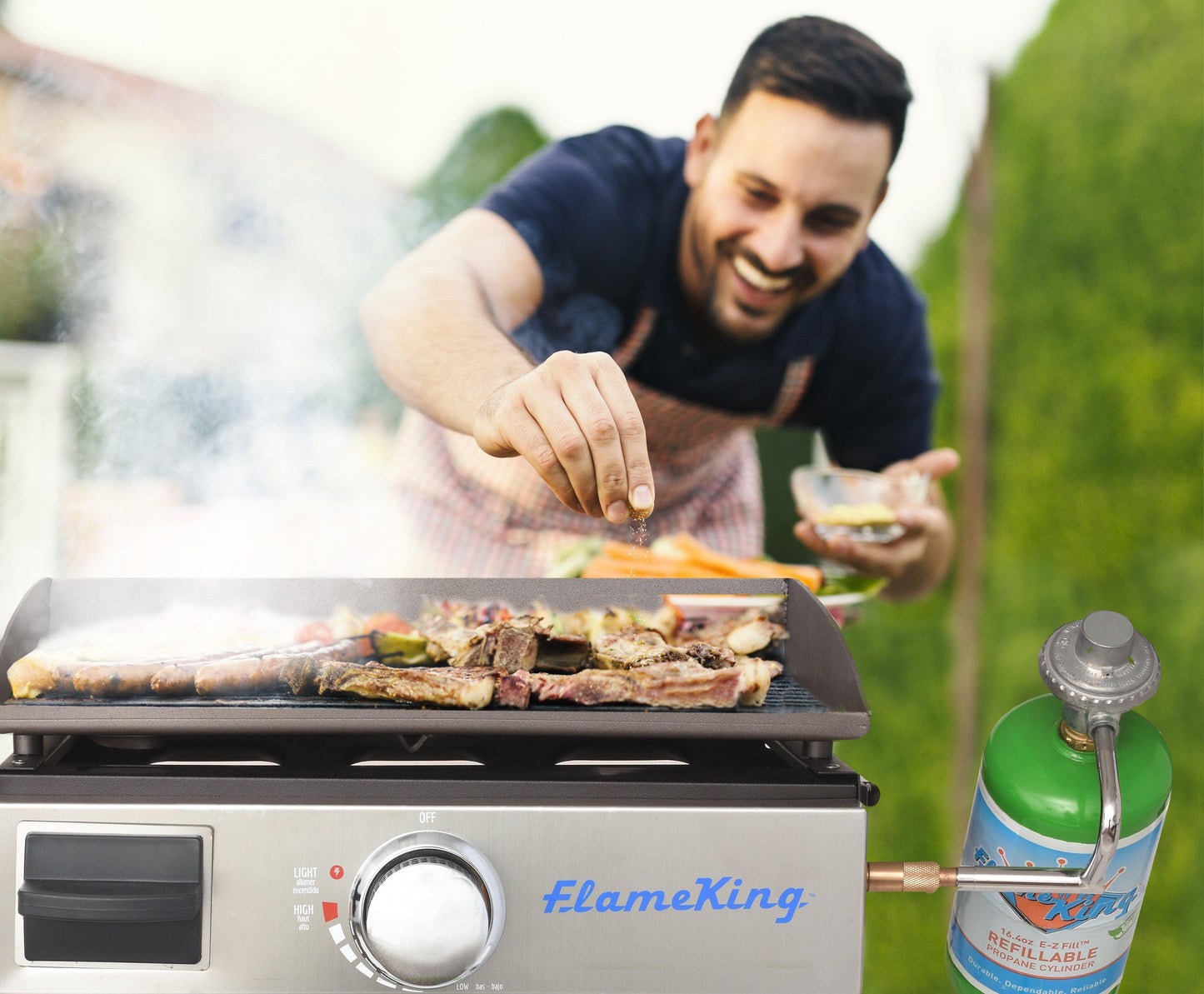 Flame King portable propane cast iron flat top grill griddle for camping, featuring a sturdy cast iron surface and compact design.