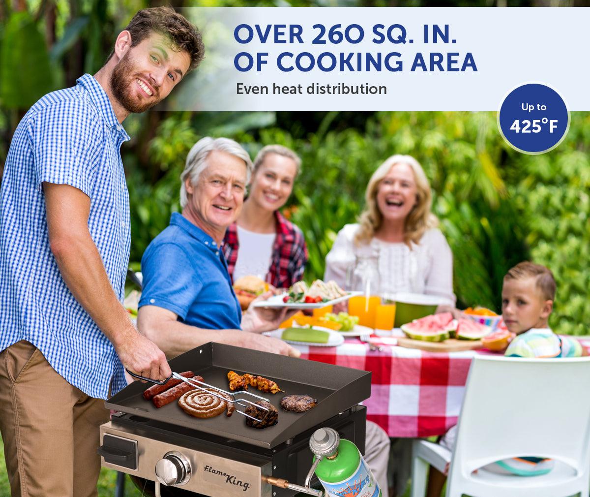 Portable Flame King cast iron grill griddle for camping, flat top design with propane cooking surface, ideal for outdoor cooking.