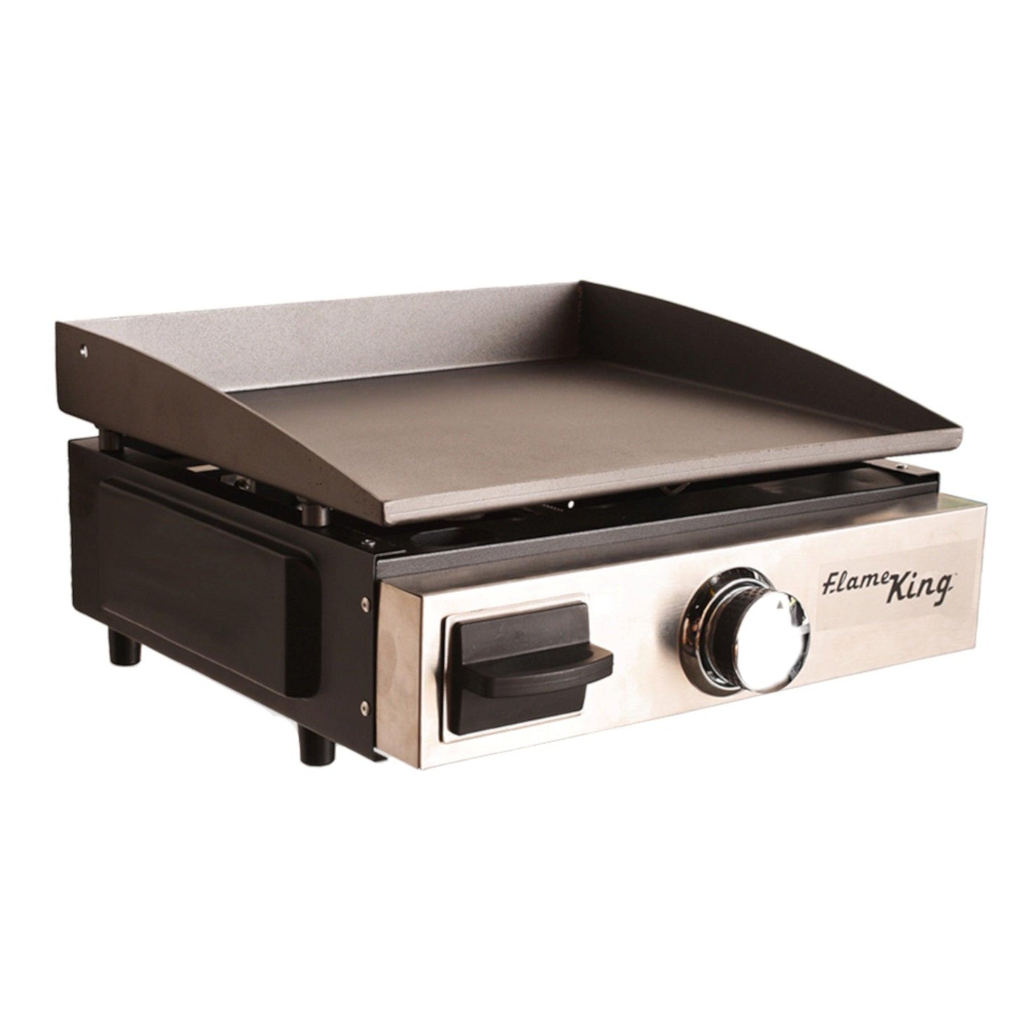 Flame King portable propane cast iron grill and griddle for camping, featuring a flat top cooking surface and sturdy handle.