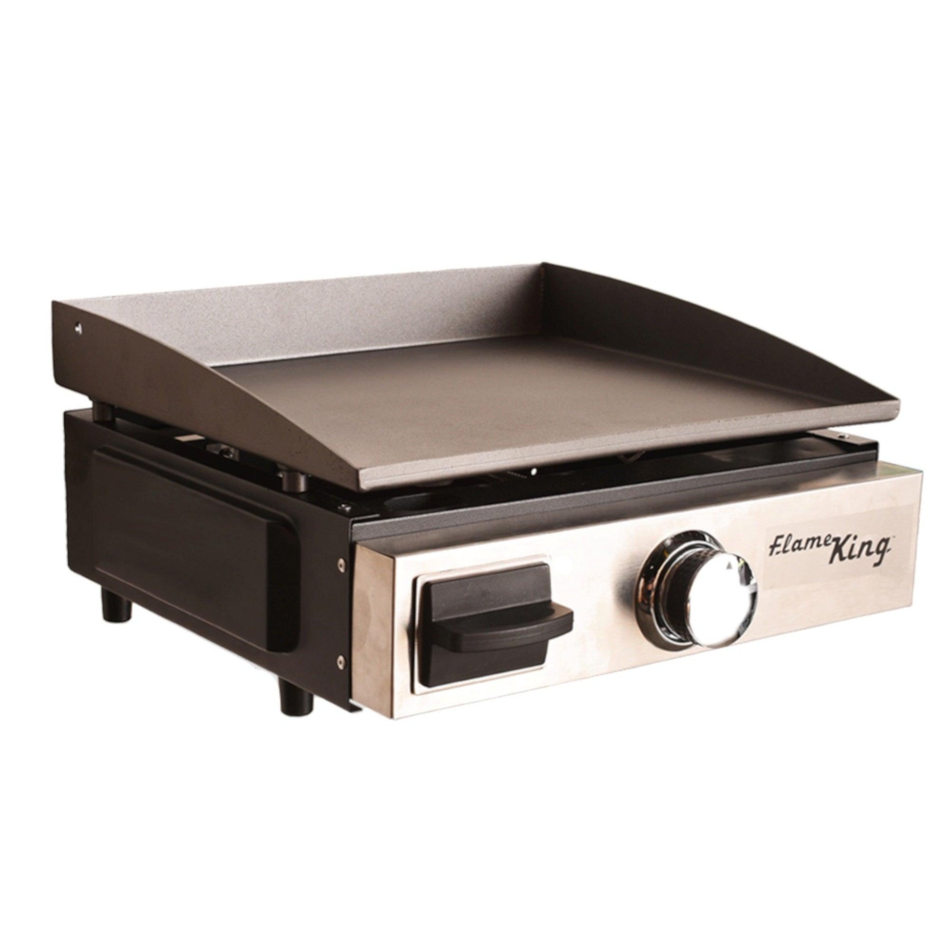 Flame King portable propane cast iron grill and griddle for camping, featuring a flat top cooking surface and sturdy handle.