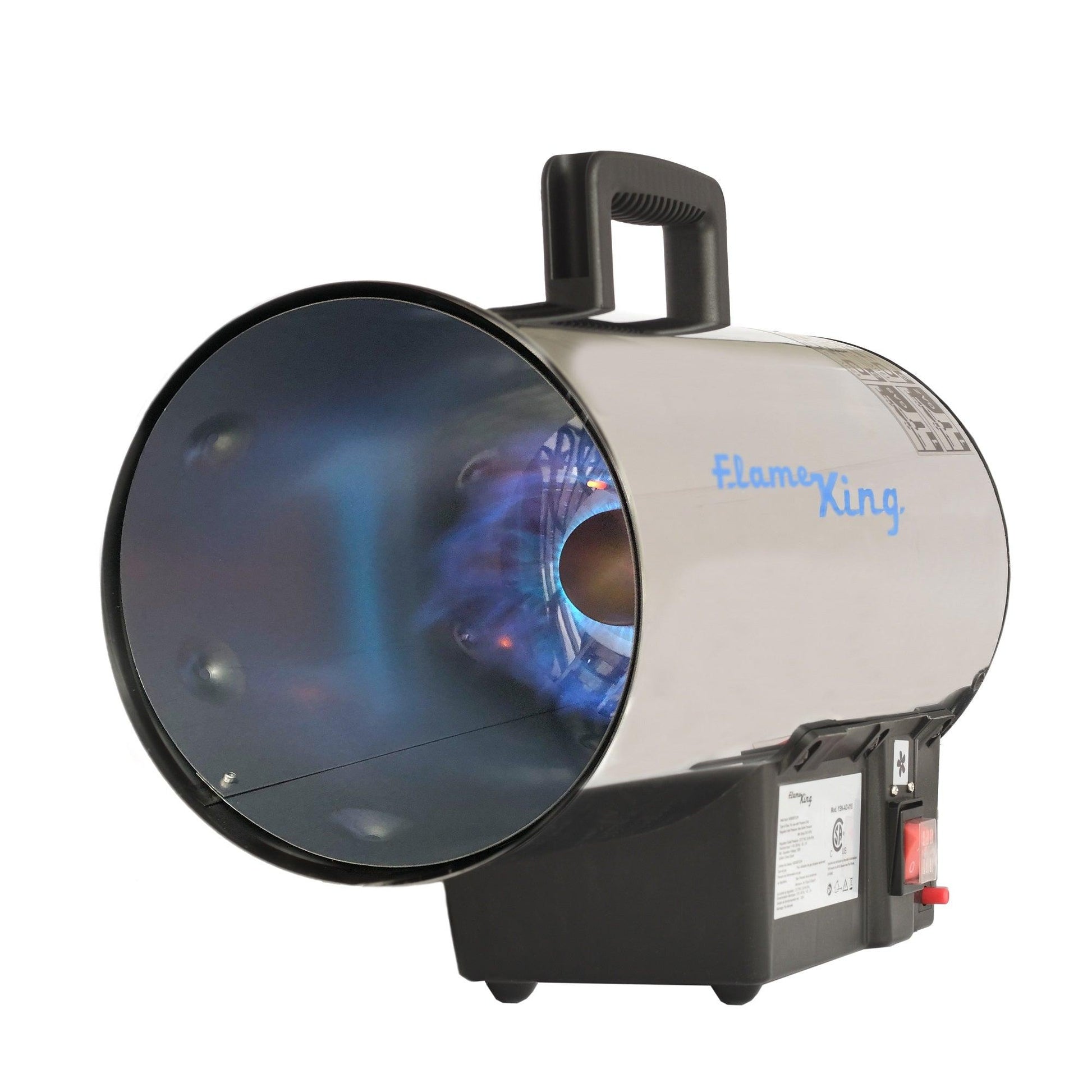 Portable Flame King Propane Forced Air Heater for outdoor camping, 60,000 BTU, with tank and safety features visible.