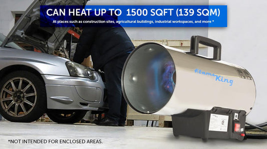 Portable Flame King forced air propane heater with 60,000 BTU for outdoor camping, featuring a tank and sturdy design.