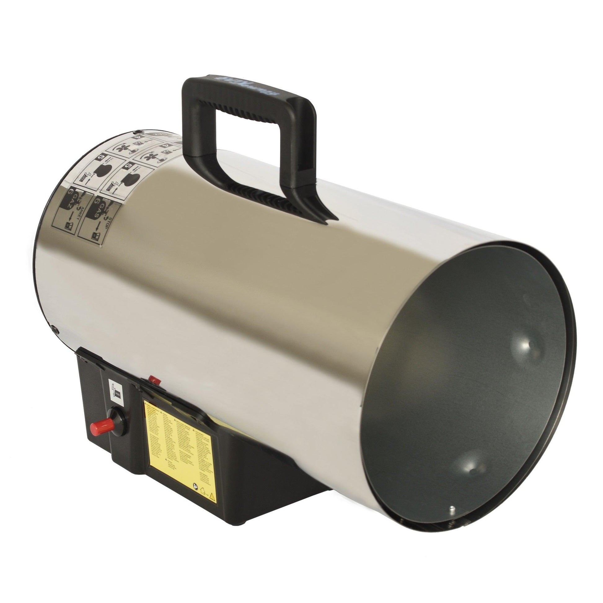 Flame King portable propane forced air heater with 60,000 BTU for outdoor camping, connected to a propane tank.