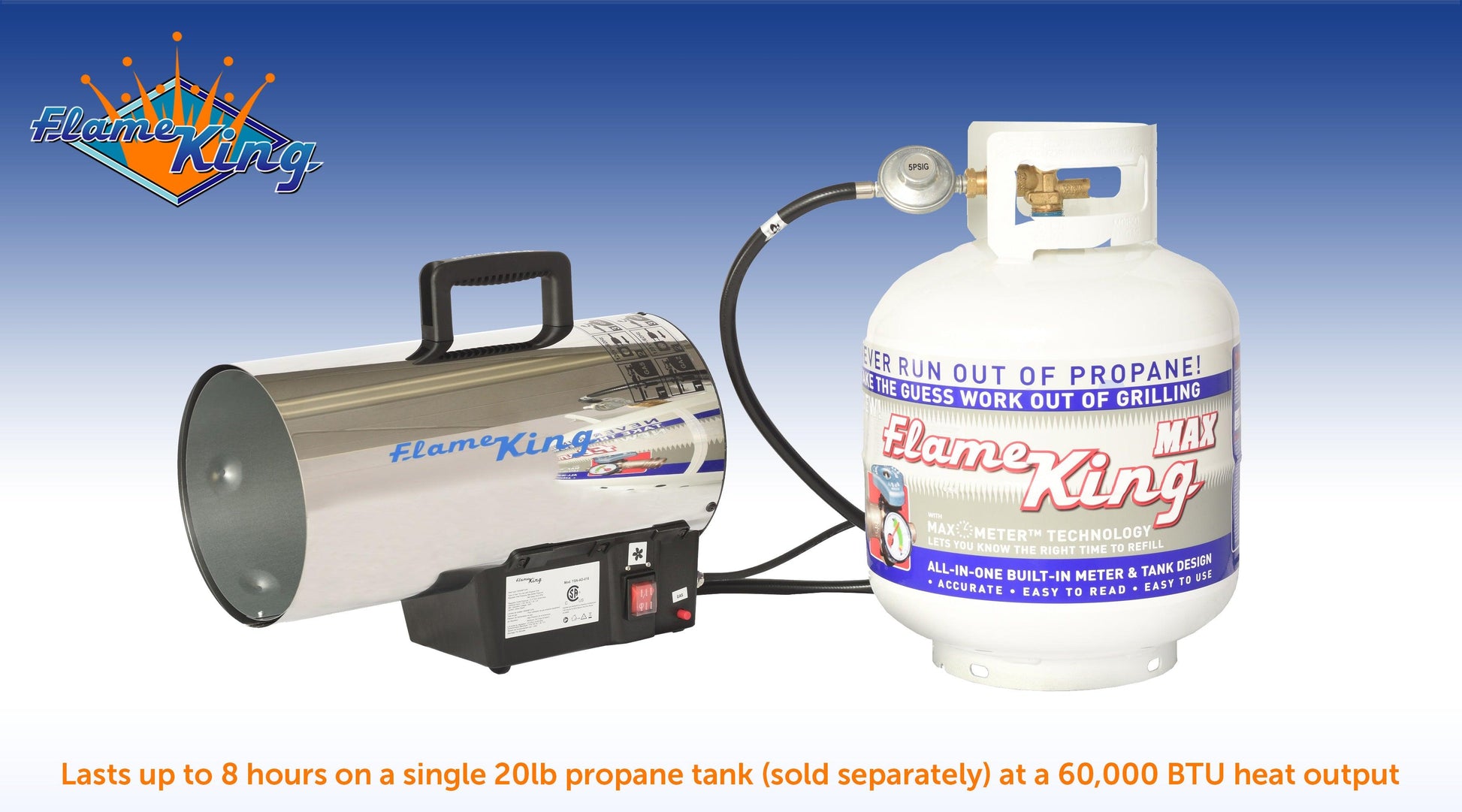 Flame King portable propane forced air heater for outdoor camping, 60,000 BTU with propane tank and handle for easy transport.