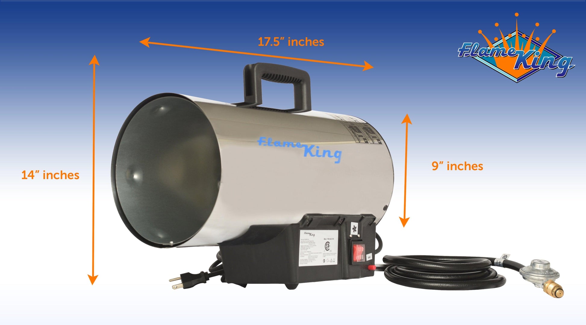 Flame King portable propane forced air heater with 60,000 BTU for outdoor camping, featuring a tank and handle for easy transport.