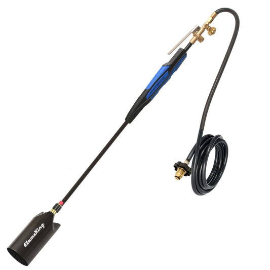Heavy-duty Flame King propane weed burner with 500,000 BTU, push button piezo ignitor, designed for weed burning and outdoor use.